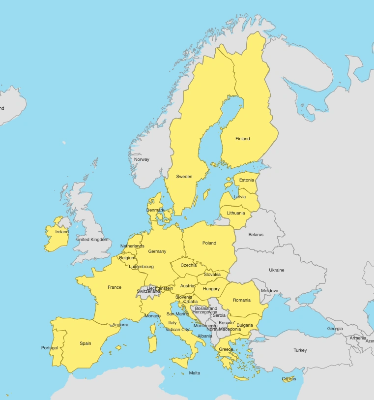 An illustrative map that shows the 27 member states of the EU